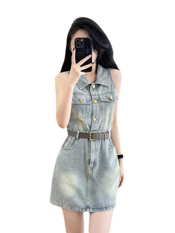 Sleeveless Denim Halter Dress - High Waist Summer Cool