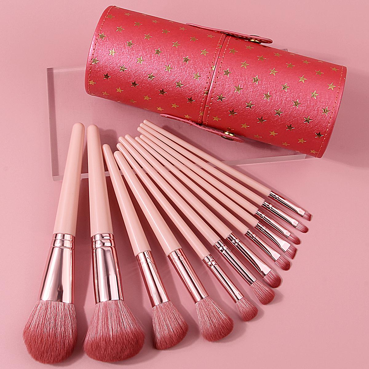 

Essential for travelmakeup!12 soft-bristled makeupbrushesforpreciseapplication ofblush/eyeshadow/contouringbrushes+storagebucket рожевий