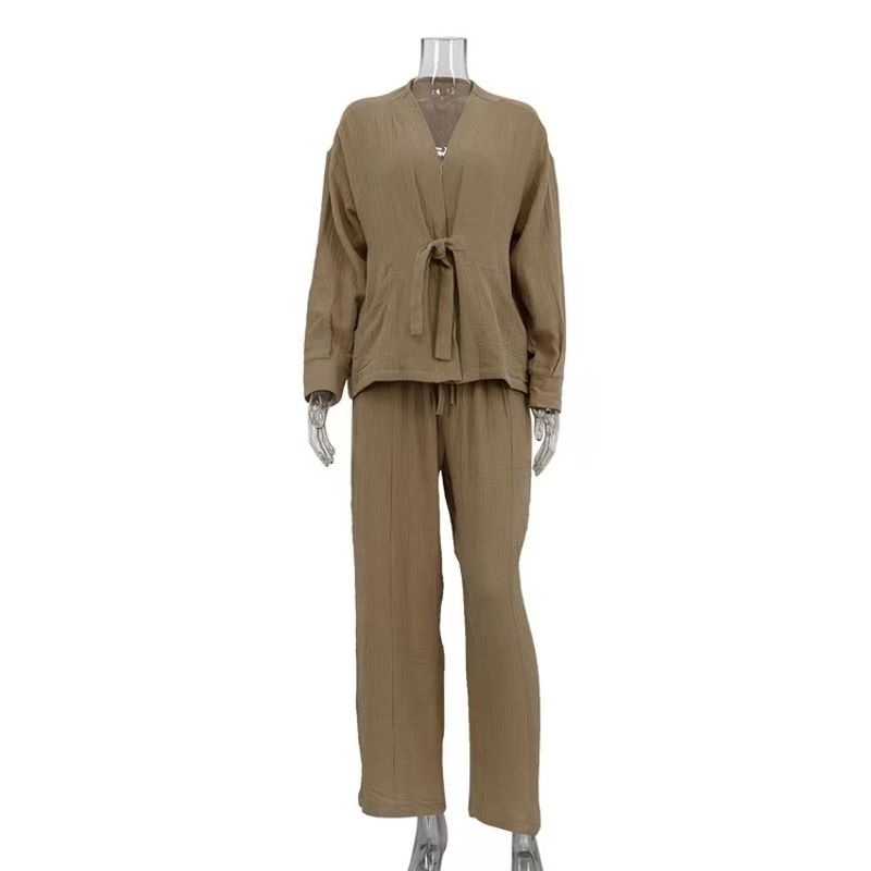 

Fashion Style Cotton Ruched Loose Cardigan Top and Trousers Suit Cardigan Top and Pants Set Khaki M