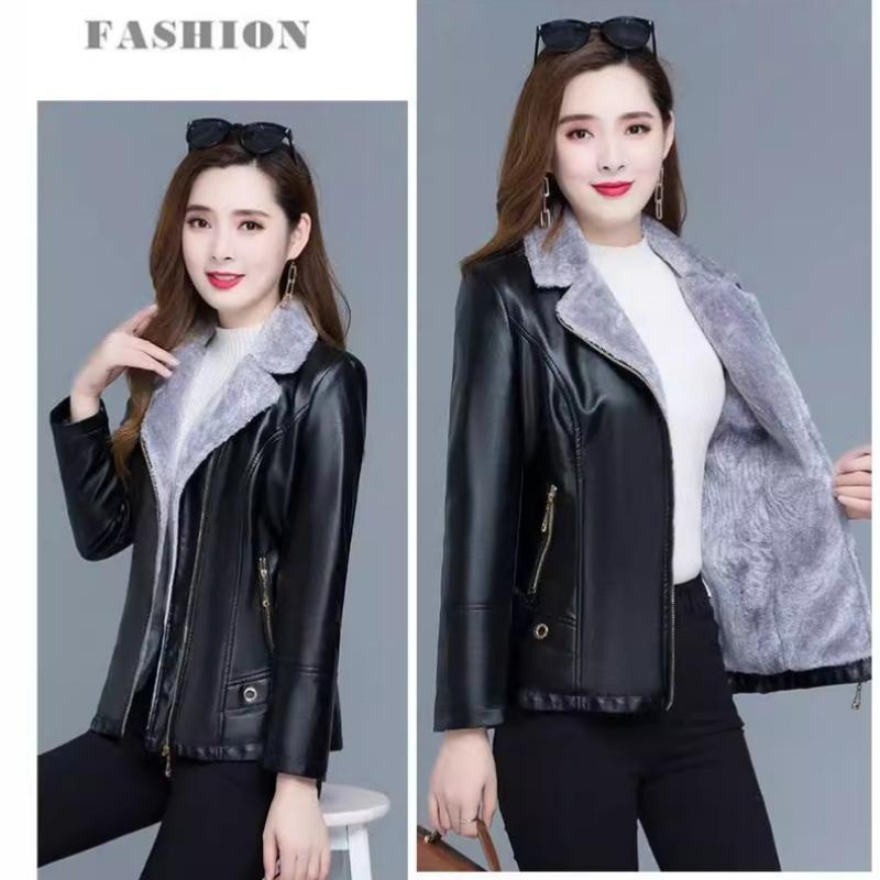 Women S Short Fleece Lined Suit Collar Leather Jacket Winter Casual Coat