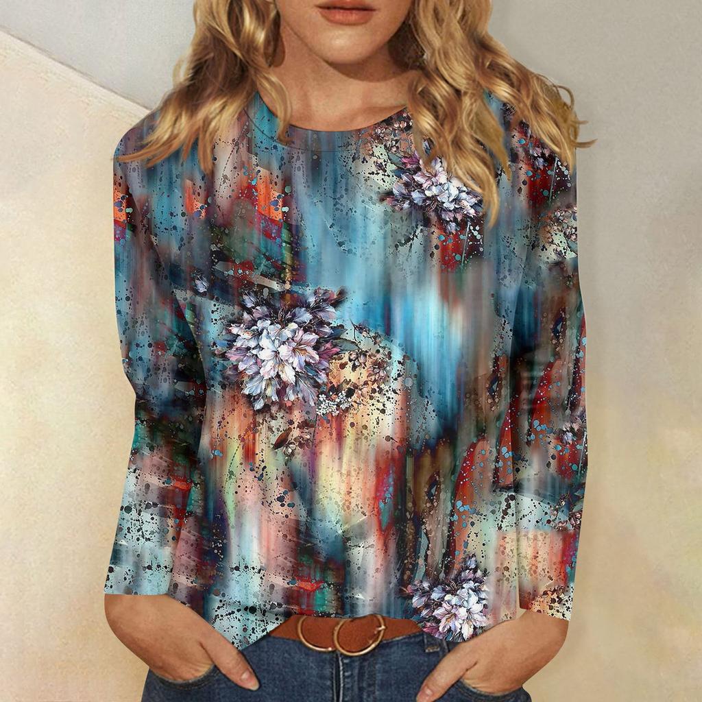 Women's Basic Long-sleeved T-shirt, Round Neck, Leaf Print, Plain Top, Everyday Pullover, Party Gift, Versatile T-shirt