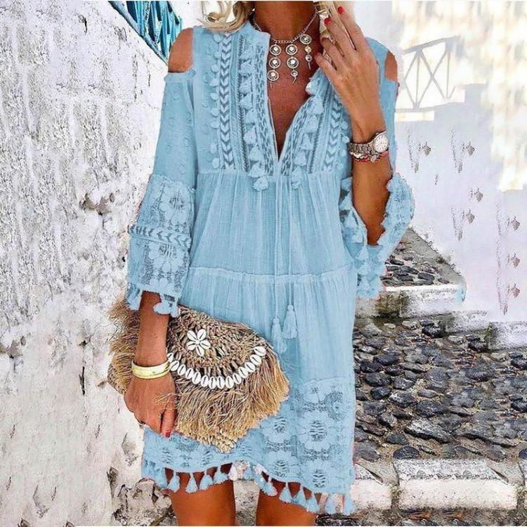 Vestido Mini Boho de Encaje con Escote en V y Borlas de Manga Tres Cuartos para Mujer