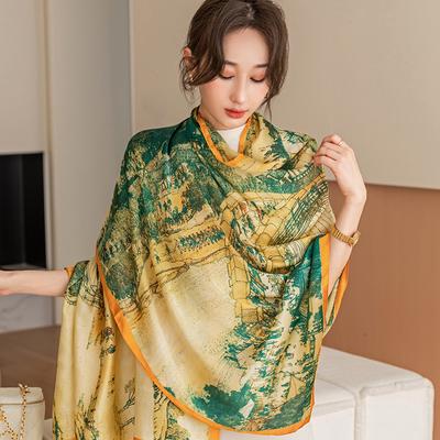 Spring and Summer Thin Retro Chinese Style Qingming Shanghe Tu Lijin Satin Long Shawl Elegant Ladies Sunscreen Decorative Silk Scarf