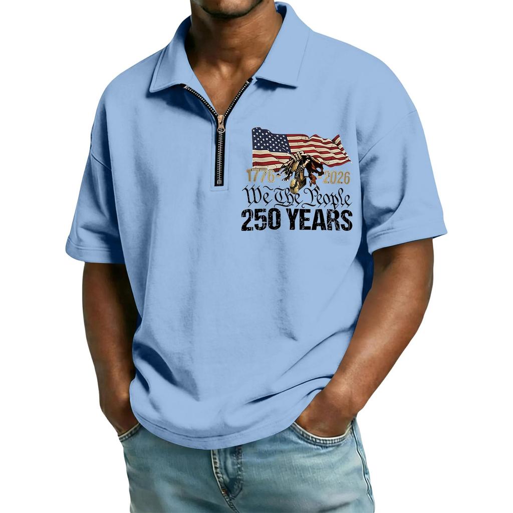 Men's Casual Loose Fit Polo Shirt Short Sleeve Top with Flag and Letter Print Zipper Collar Comfortable Summer Wear