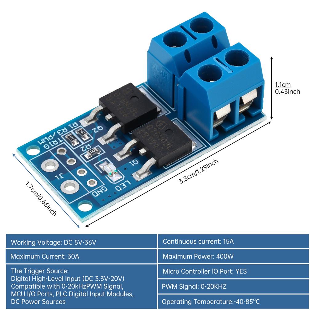 MOSFET-Schaltmodul 400W 30A PWM-Regelung Motor Drehzahl Lampen Helligkeit Steuerung 5V-36V Treiberplatine