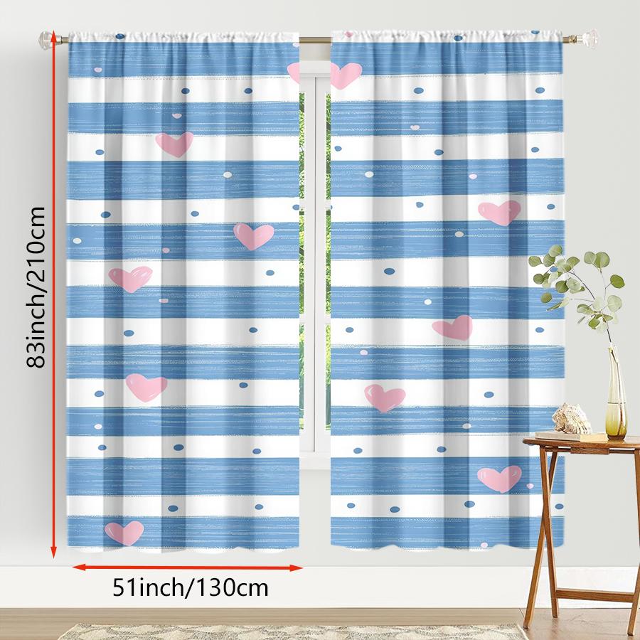2 st Blå- och vitrandiga rosa hjärtgardiner, Söt vind, Vardagsrum och sovrum, Dekoration med dragsko-ficka