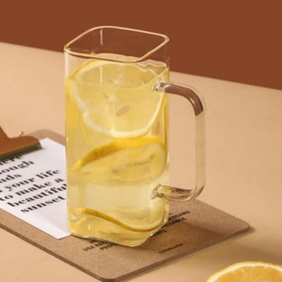 375ml 2er Set Haushalts Frühstücks Saft Milch Tassen Einfache Quadratische Glastasse Transparentes Trinkglas Bierglas mit Goldenem Henkel