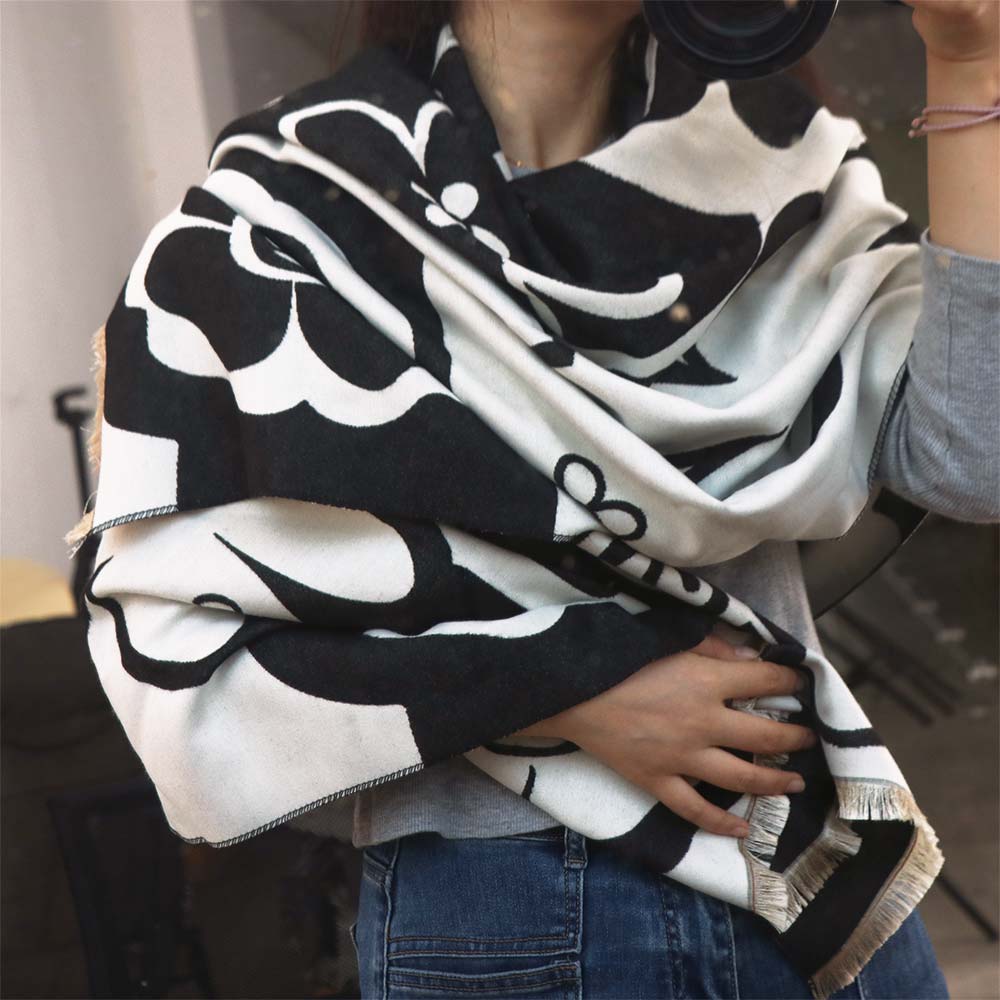 Camellia Winter Cashmere Scarves Flower Large Wool Shawl Thicken Printed Scarf  Girl