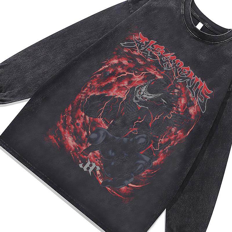 Dark Cartoon Direct Injection Printing Washed Long-Sleeved T-Shirt Men'S And Women'S American Retro Bottoming Shirt Top