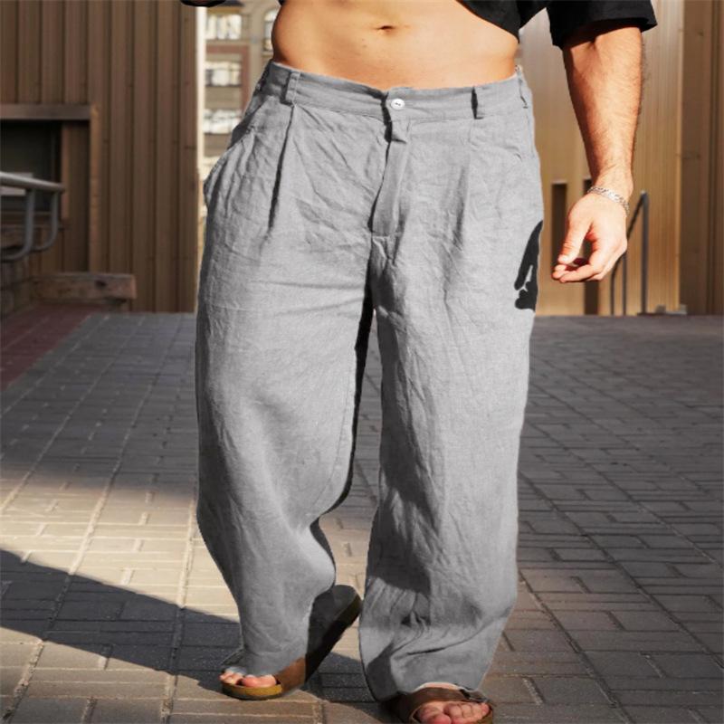Men's Linen Pleated Wide-leg Pants for Spring and Summer with A Mid-rise Waist Breathable Jogger Pants Streetwear Men