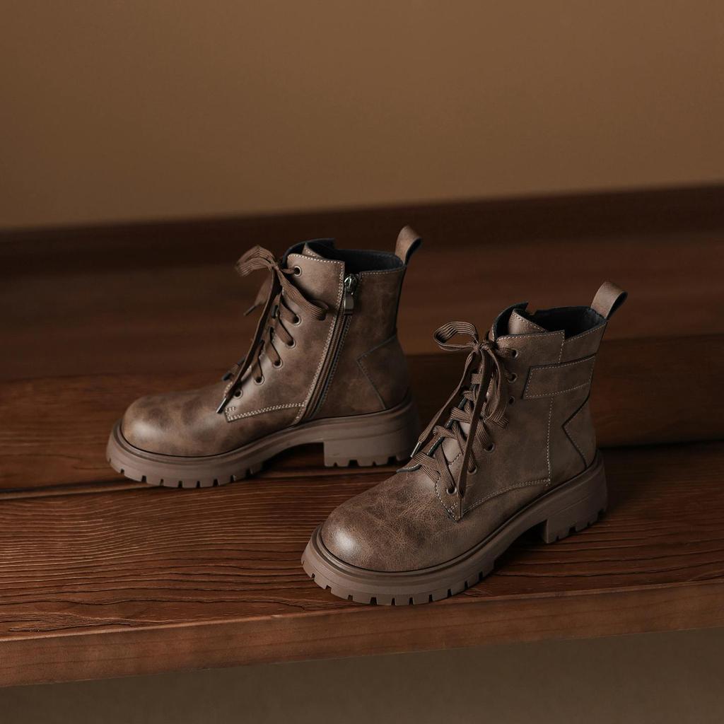 Krazing Pot Cow Skin Winter Round Toe Western Boots Med Heels Lace Up Women British School Ankle Boots