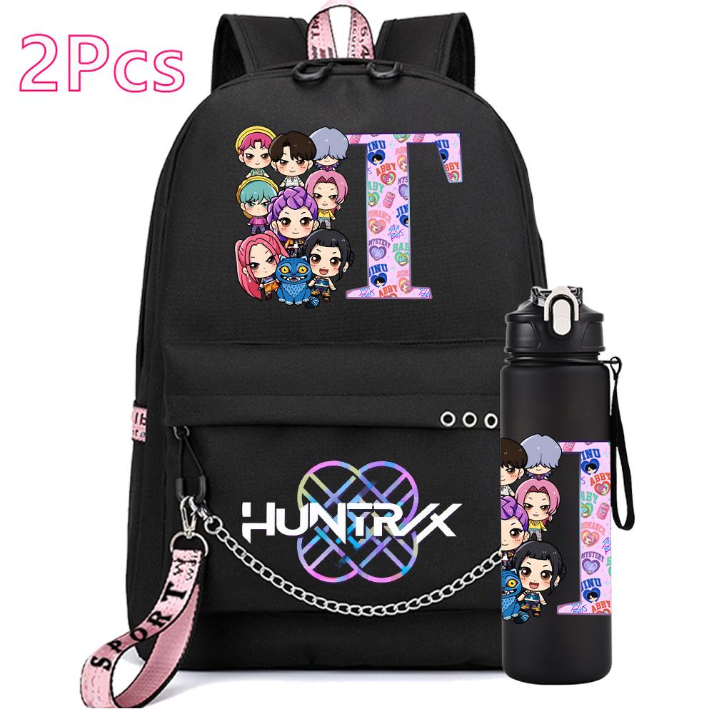 2Pcs/set 26 English Letter K-pop Printed Backpack with 750Ml Water Bottler for Teenager Girl Boy Bookbag Kid Gift Large Capacity Waterproof Travel Bag