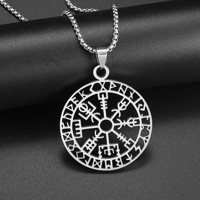 Edelstahl Vintage Rune Kompass Halskette Runder Anhänger für Männer Modetrend Amulett Nordischer Schmuck