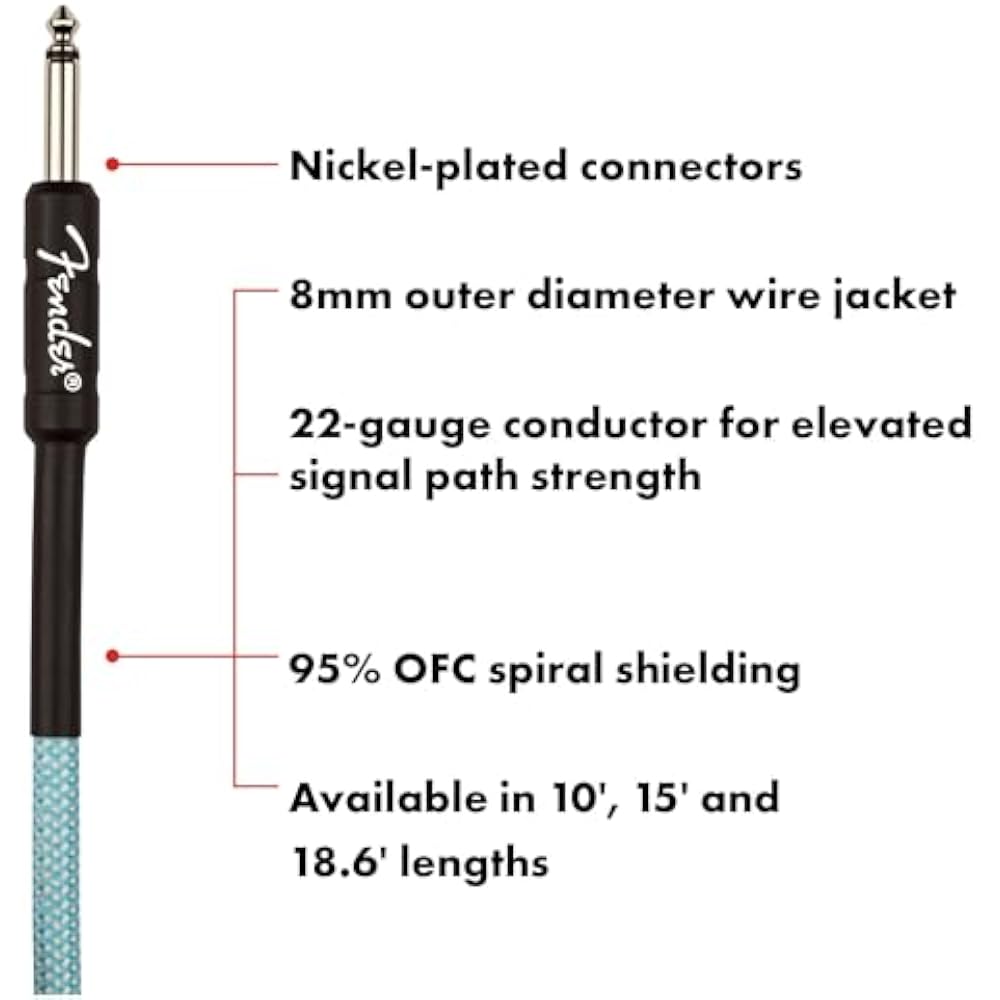 Fender Professional Series Tweed Instrument Cable, Straight/Straight, Daphne Blue, 15 Ft, 0990818204