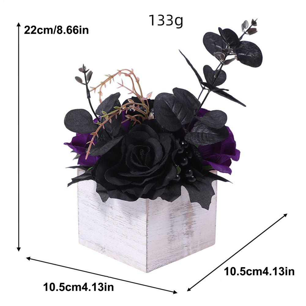 Artificial bouquet with wooden vase Halloween flower wooden box Black Artificial Flowers Bouquet fake flower decoration темно-фиолетового