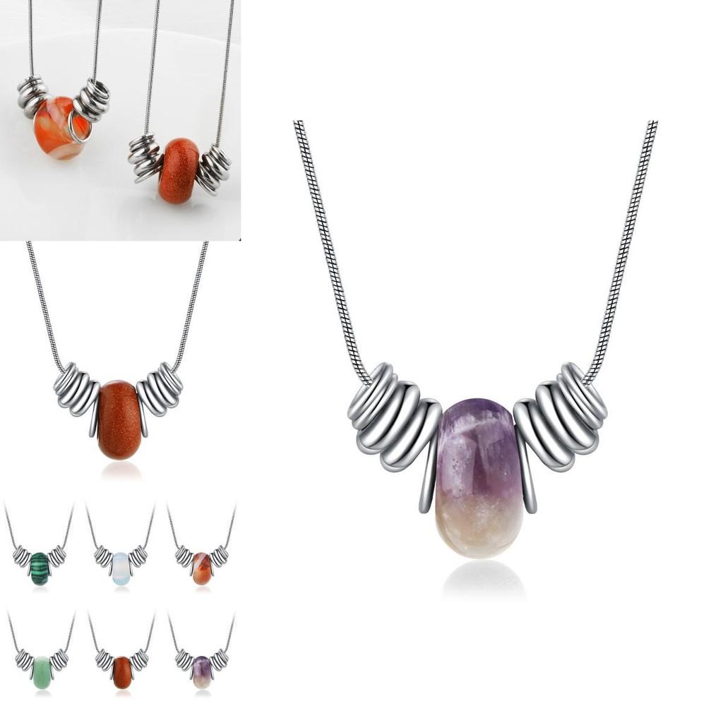 Stylish Korean Natural Crystal Stone Necklace For Women With Delicate Titanium Steel Detail