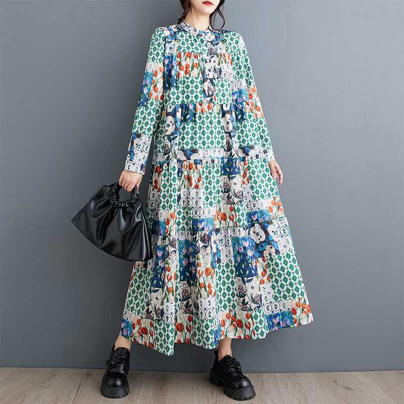 

Нові великі розміри вільні тонкі модні сукні міді з довгим рукавом з принтом One Size зелений