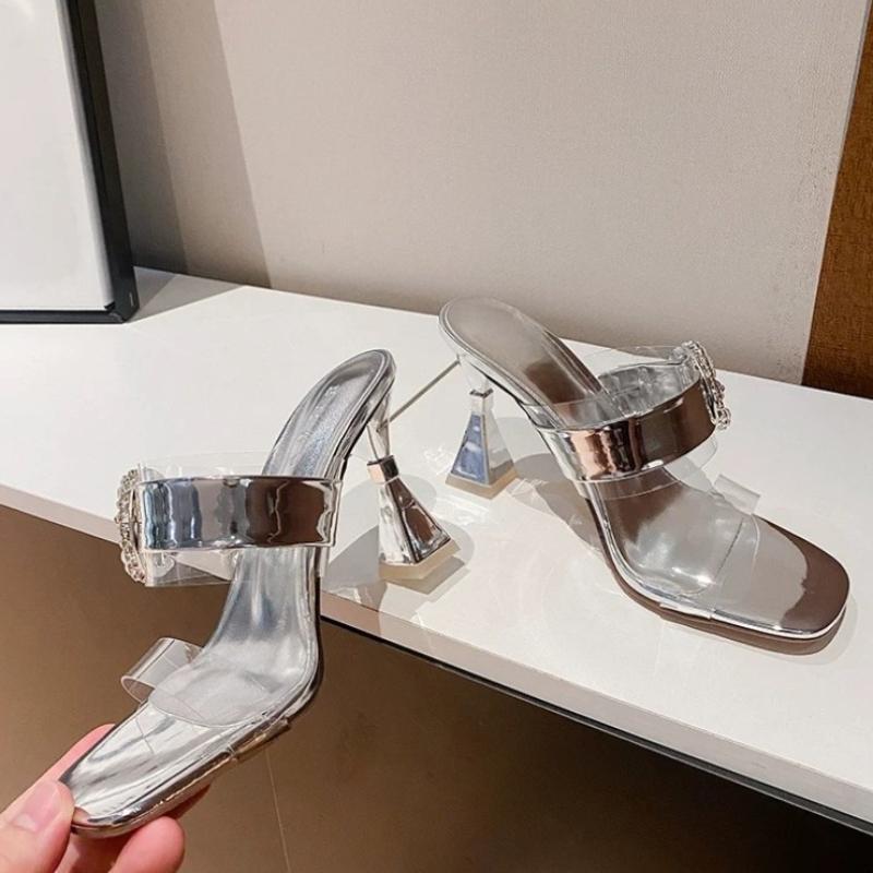 Fashion Rhinestone Round Buckle Sandals Women's Summer New Square Toe Clear Strap Cone Heel Anti-slip Wear-resistant High Heels