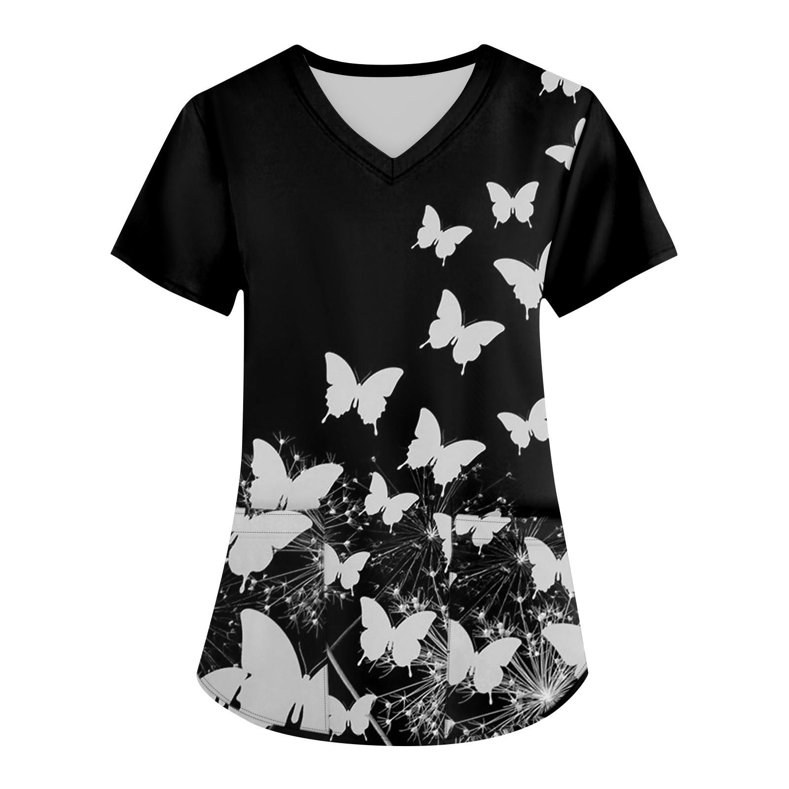 

Жіноча модна робоча футболка з коротким рукавом і V-подібним вирізом із принтом і невеликою кишенею S чорний