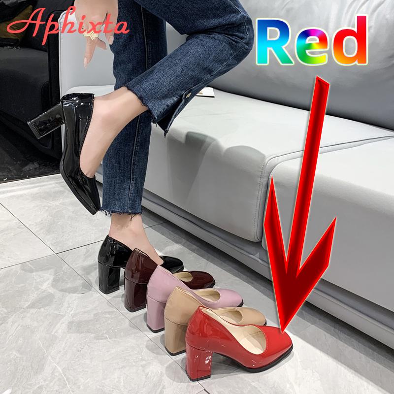 Fashion Aphixta 7.5cm Square Tou Patent Leather Shoes Women Pumps Thick Heels Sapato Feminino Work Party Shoes Super Big Plus Size 50