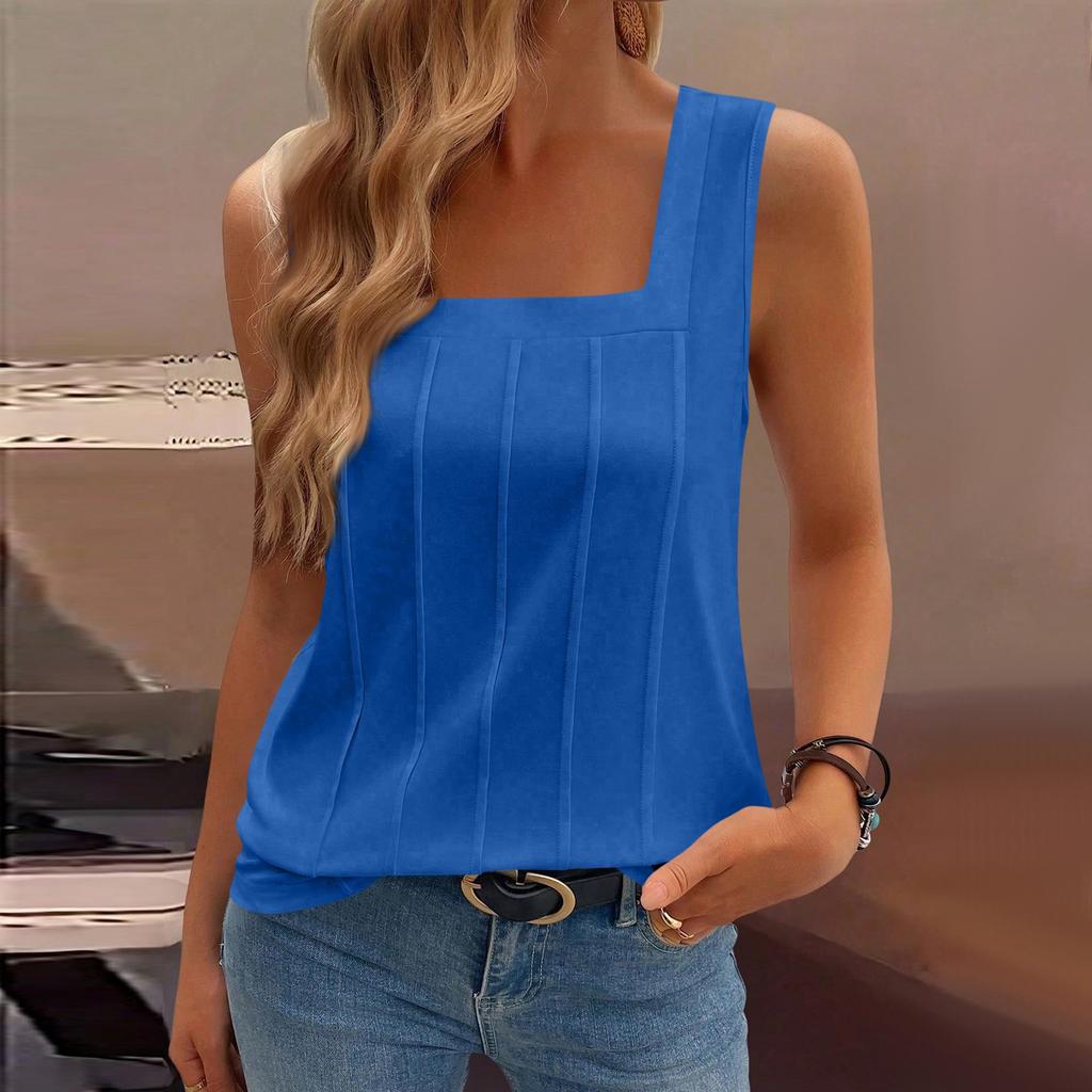 Women's Casual Fashion Square Neck Pleated Knit Sleeveless Vest Top
