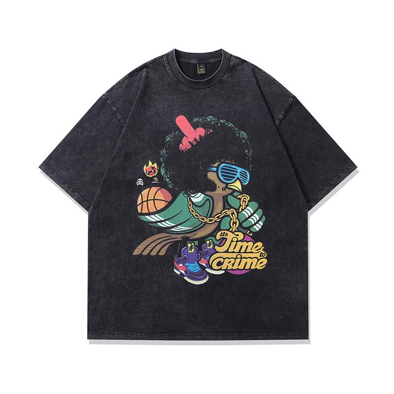 Shirt Short Sleeve Loose Men'S Men'S Shirt Washed T Street Summer Printing Cartoon T Straight Cotton