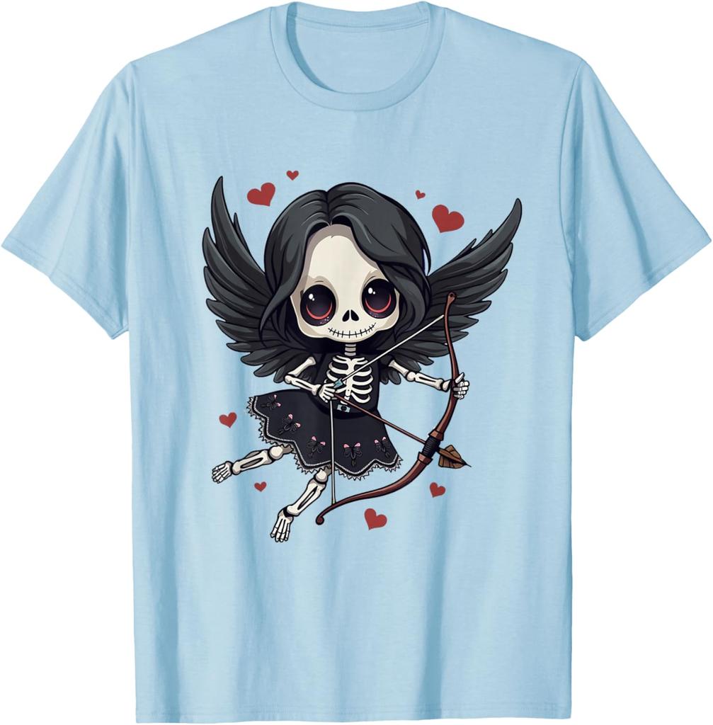 Gothic Skeleton Cupid Dark Valentine Kawaii Angel Graphic Tee Casual Cotton T-Shirt