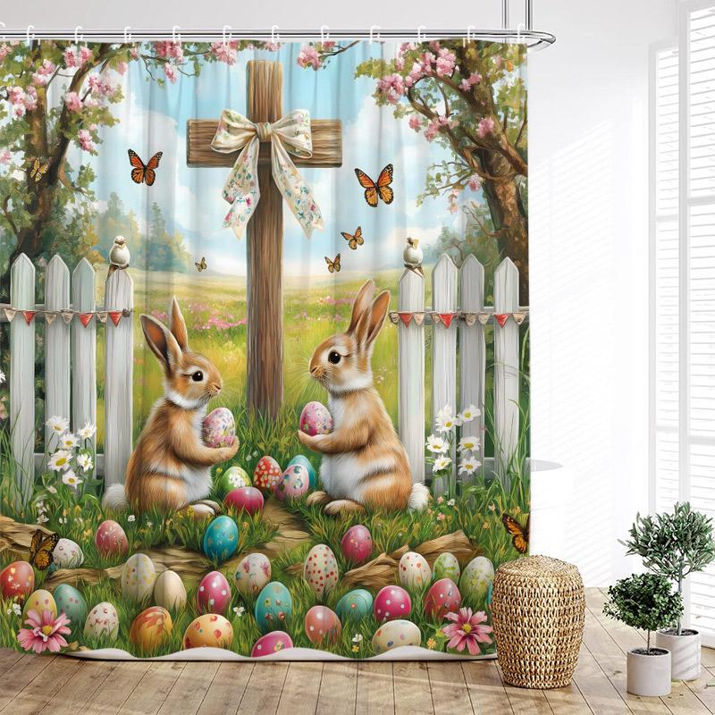 Funny Easter Shower Curtains Cute Bunny Rustic Butterfly Floral Rabbit Eggs Fabric Home Bathroom Curtain Decorative With Hooks