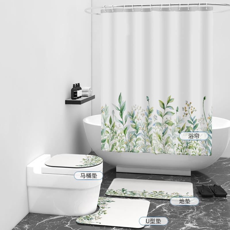 Fresh Twig Digital Printing Shower Curtain Shower Curtain Three-Piece Set Bathroom Curtain
