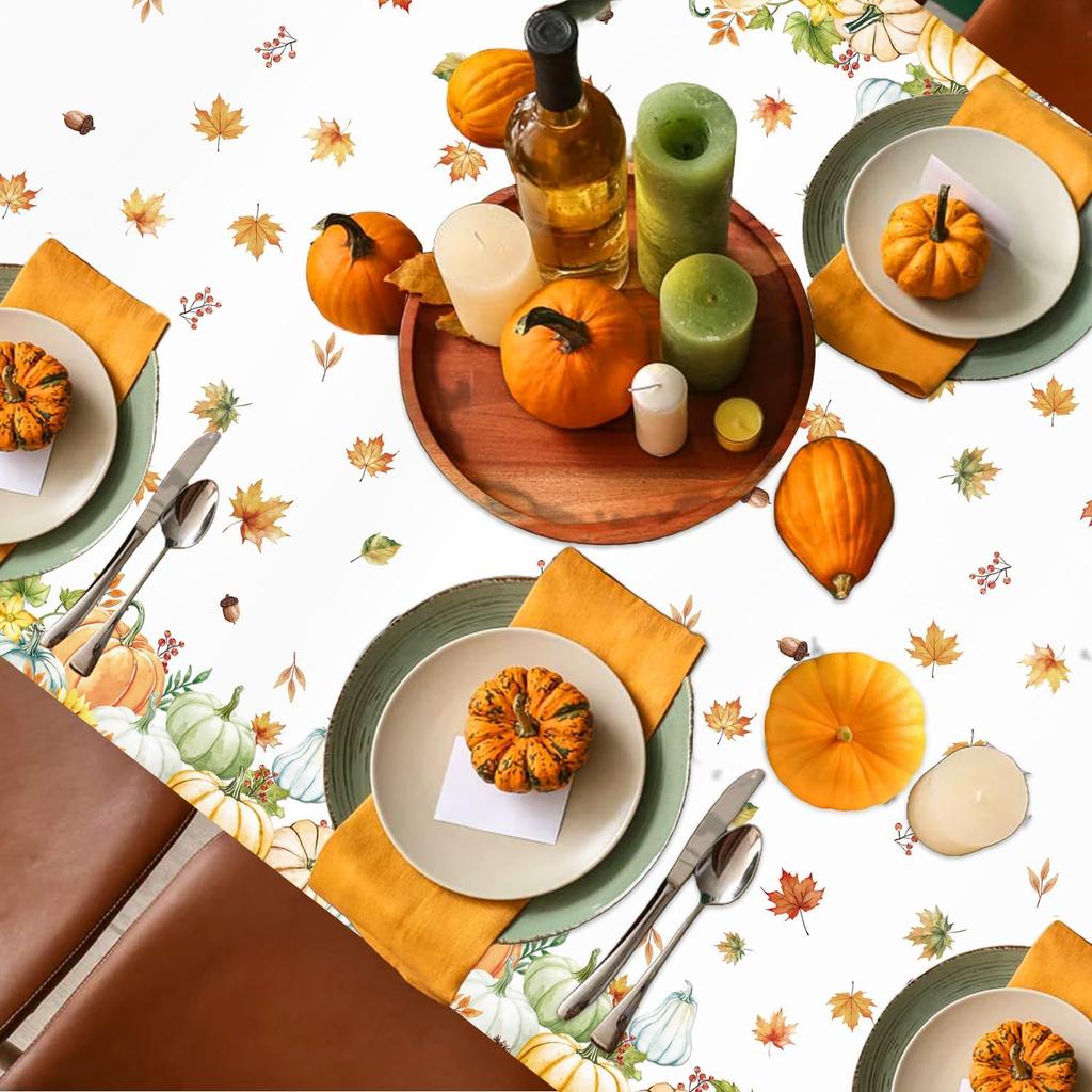 3 Pieces Fall Pumpkin Tablecloth Thanksgiving Tablecloth Autumn Harvest Maple Leaf Table Cover for Fall Thanksgiving Party Supplies, 54 X 108 Inch