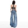 Spring Summer Vintage Paris Buckle Slub Denim Relaxed Wide Leg Denim Pants For Women Casual Pants Oversize Denim Trousers