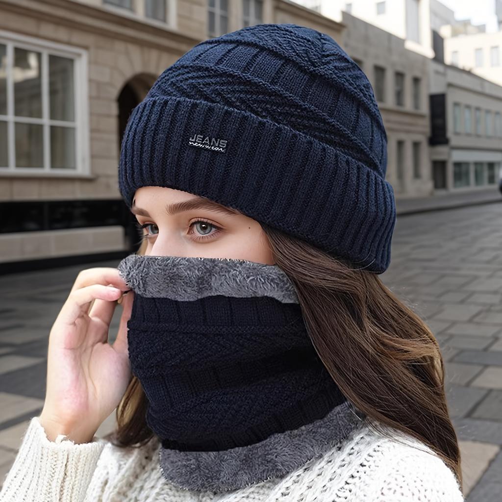 

2025 2 шт. Женские зимние шапки-бини с флисовой подкладкой - Ветрозащитные термошапки с ушками для холодной погоды на открытом воздухе, Неэластичная плотная посадка, Зимние шапки темно-синий