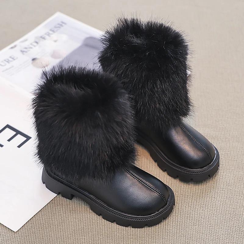 Girls Short Boots Children Fashion Leather Boots British Style Kids Princess Boots Thick Warm Plush Fur 2024 Autumn Winter New