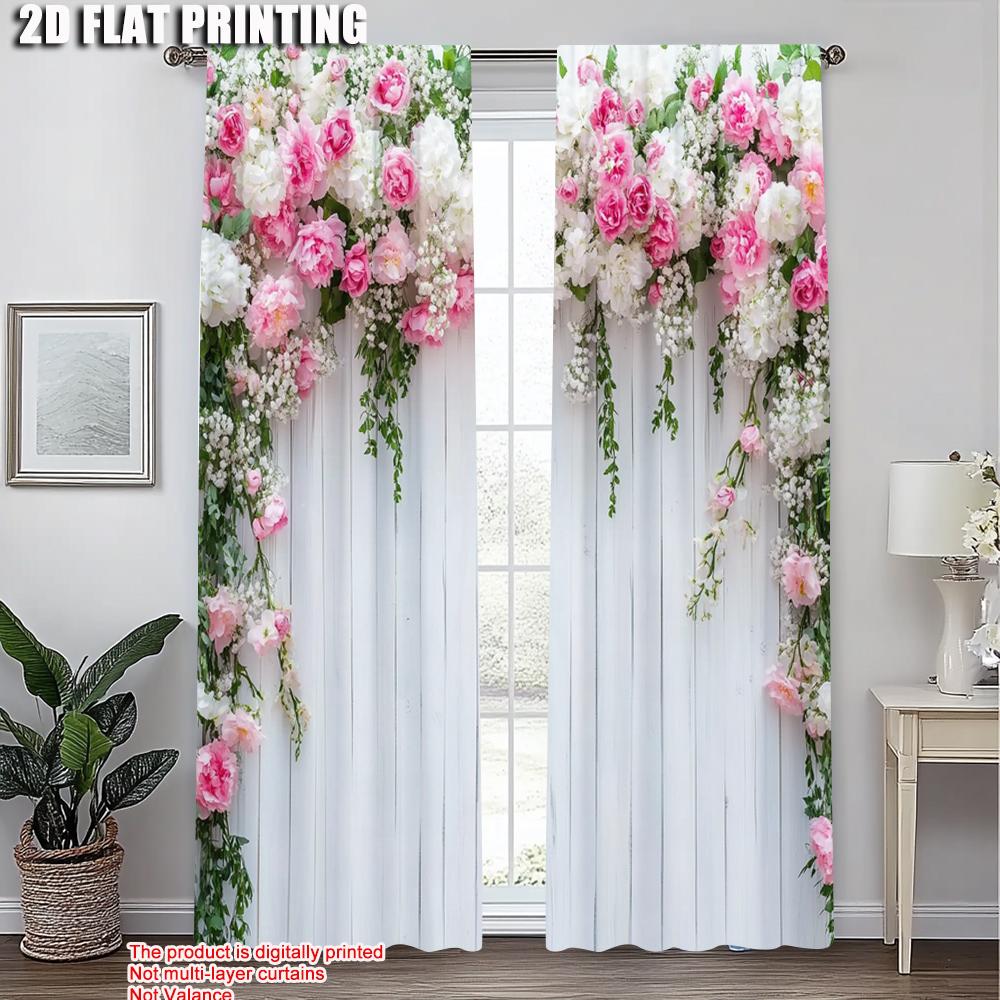 2pcs, Window Curtain 2D print Pink Floral Polyester Woven (without rod) Outdoor Decorations Use for Living Room, Bedroom, Office