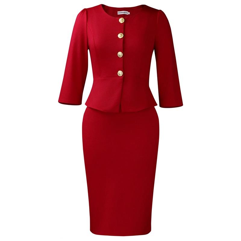 Women's 2Pcs Solid Color Office Suit Peplum Blazer + Pencil Skirt Set