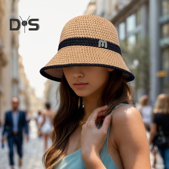 Summer Women Fisherman Hat Sun Protection Anti-UV Foldable Straw Hat Letter Decor Breathable Portable Camping Beach Travel Gardening Sun Cap