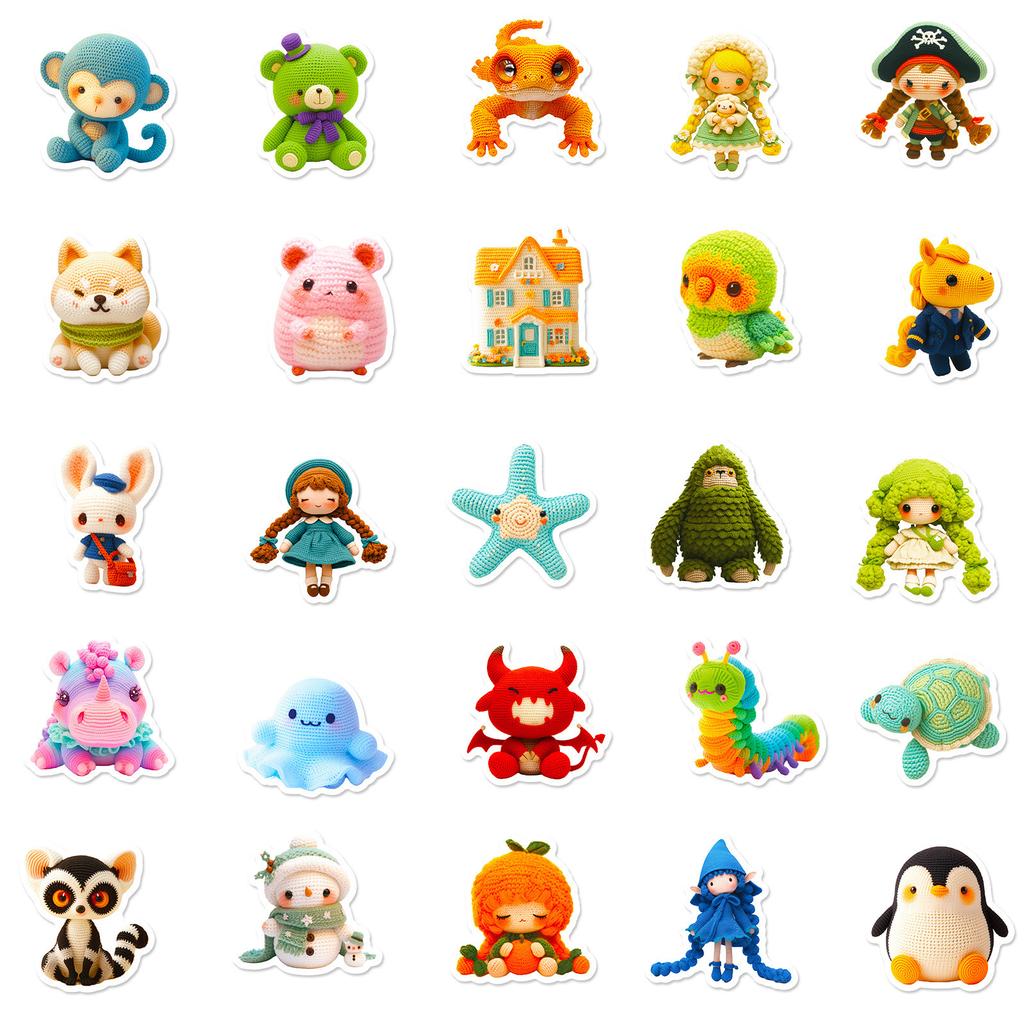50Pcs Crochet Doll Cartoon Stickers - Cute Frog Starfish Decals for Luggage & Daily Decor