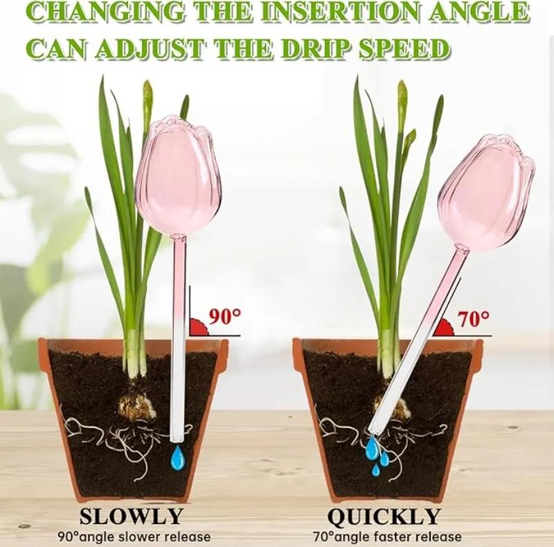 Automatic Plant Watering Bulbs Self Watering Pink Tulip Design Water Feeder Globes for Indoor Outdoor Plants Drip Irrigation