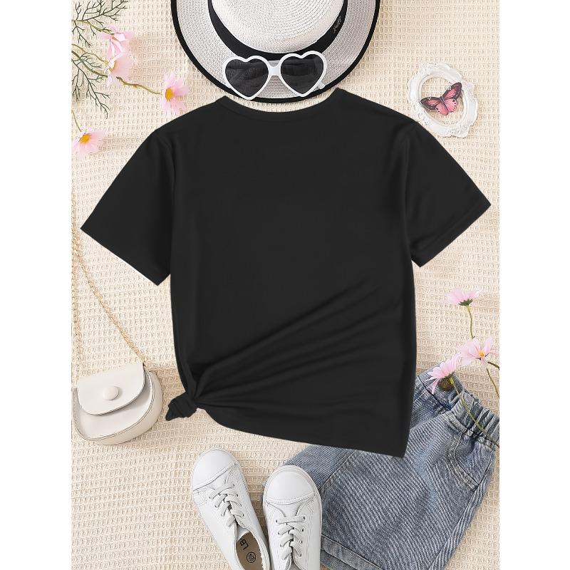 Girls Crewneck Summer Tee, Cute Cartoon Mermaid Princess Print Sweet Versatile Casual Short Sleeve Kids Top