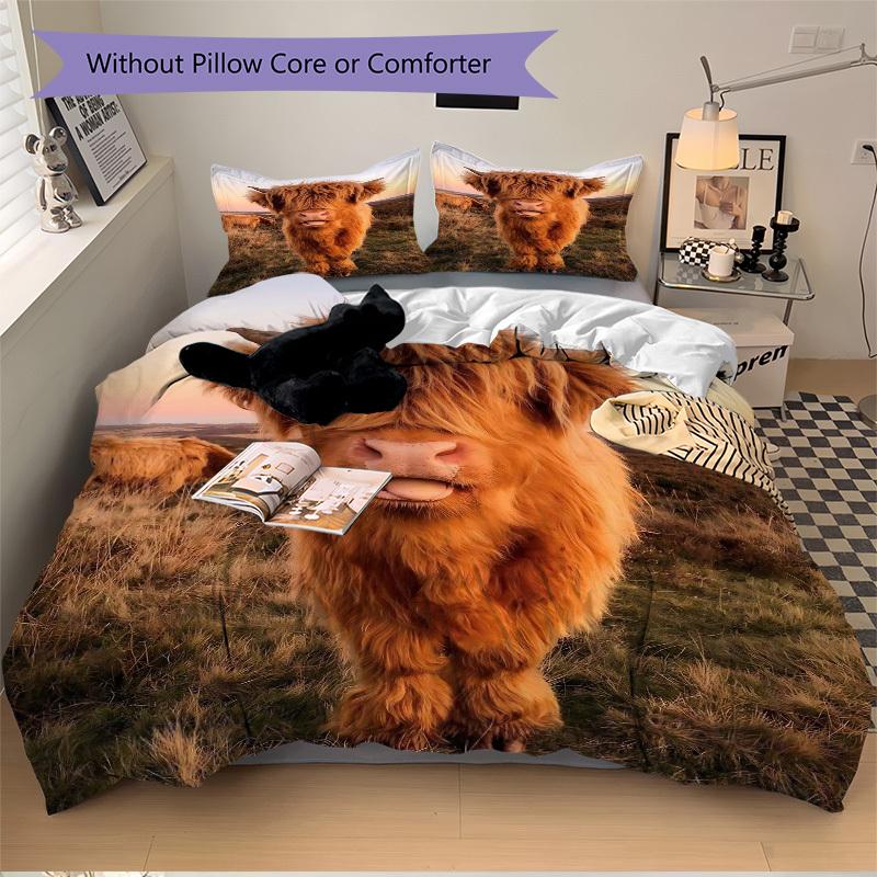3pcs Highland Cow Bedding Set - Includes One Quilt Cover and Two Pillowcases (No Core) - Home Decor, Festival Gift, Polyester Fabric, Anime