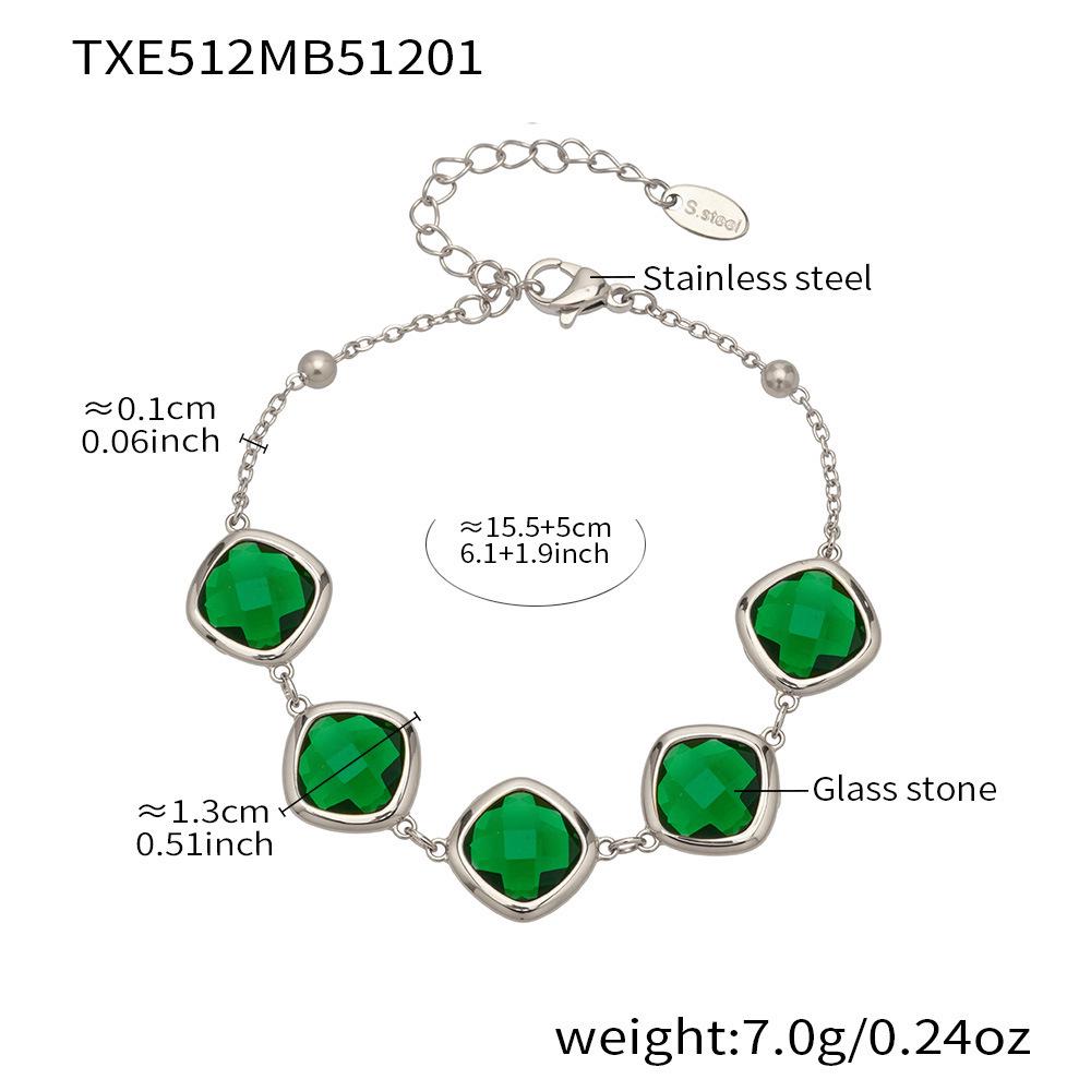 Stylish European & American Stainless Steel Jewelry Set with Square Faceted Glass Stones: Includes Bracelet, Necklace, and Earrings