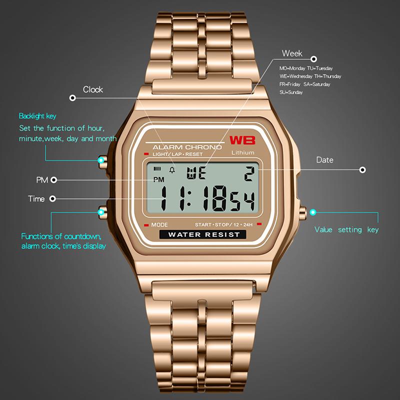 Led Stainless Steel Band Watch Luxury Waterproof Retro Digital Sports Watch Men Women Luminous Electronic Wrist Watch Clock Gift