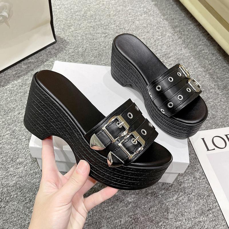 Fashion Sexy 9CM Thick Bottom Bow-shaped Women's Slippers Summer Platform Black Buckle Wedge Sandals Ladies Thick Casual Mules Sandalias