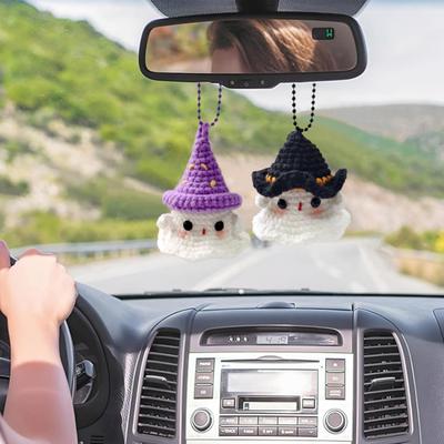 Halloween Crochet Ghost Ornament Cute Handmade Knitted Frog/Cat/Spider/Strawberry Ghost Hanging Decoration for Car Rearview Mirror Bag Charm