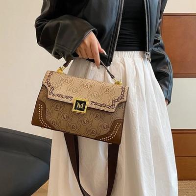Wide Shoulder Strap PU Handbag for Ladies  Letter  Flower  Girl  Retro Print  Crossbody Bag  Metal Decoration  Fashion