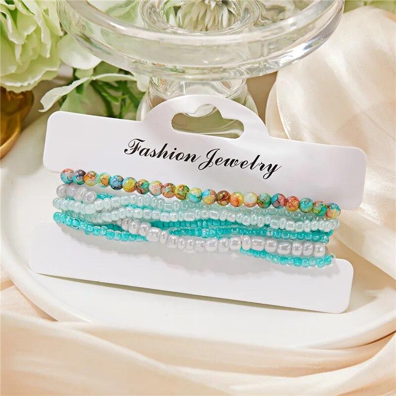 Conjunto de Pulseiras de Contas de Arroz Boho para Mulheres Multicamadas Tecidas à Mão Pulseira de Contas de Cristal Joias para Festa de Verão Presentes de Amizade