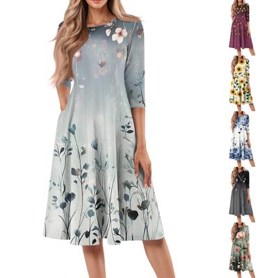 Lässiges, modisches Midikleid mit Rundhalsausschnitt, Dreiviertelärmeln und Print für Damen