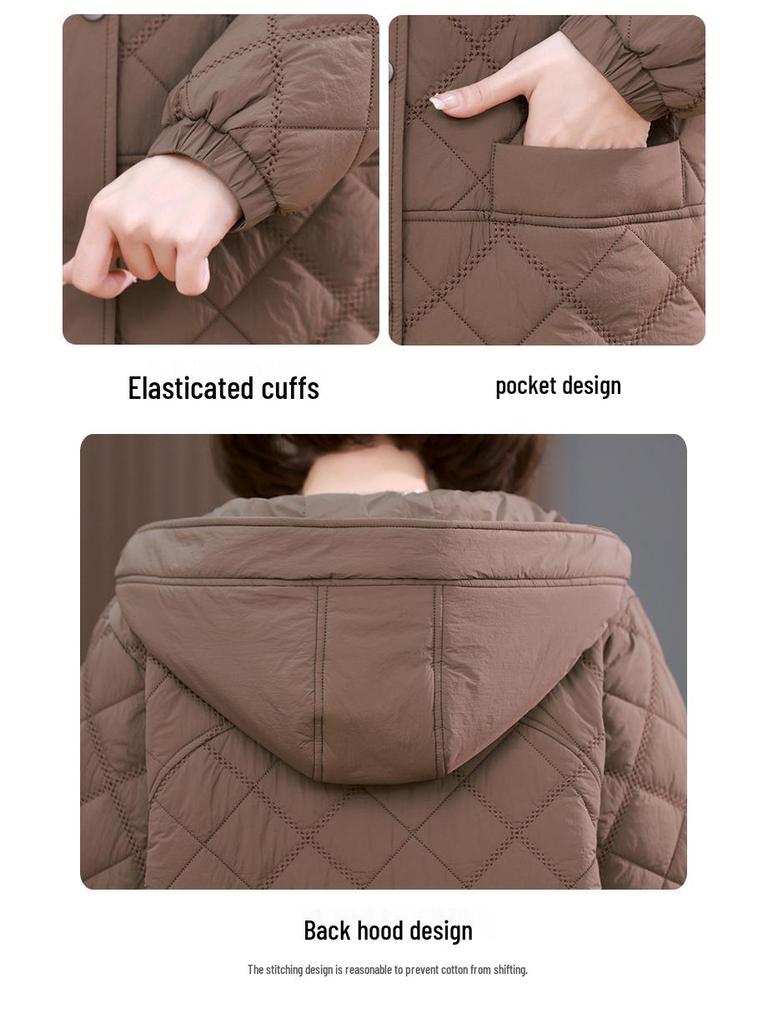 Damen Winter 2024 Rautenmuster Kapuzen Daunen Baumwollmantel für Mütter mittleren Alters