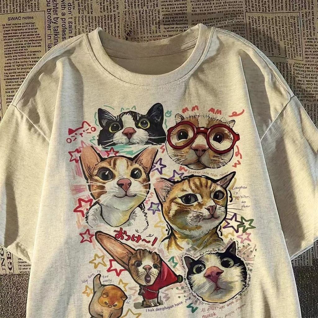 2026 New Street Art Cartoon Cat Collection Printed Plus Size Mens and Womens Cotton Short Sleeve Loose Crew Neck TShirts