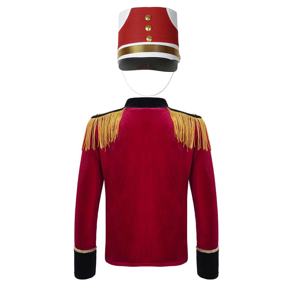Boys Long Sleeve Tassels Shoulder Gold Braid Adorned Tops Hat Drum Trumpet Team Honor Guard Costume